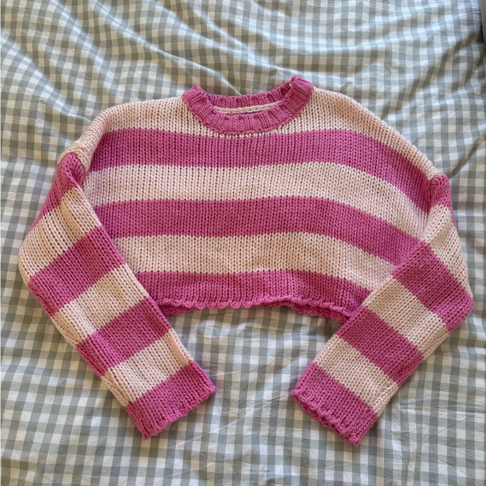 Edikted Pink and Cream Cropped Striped Sweater